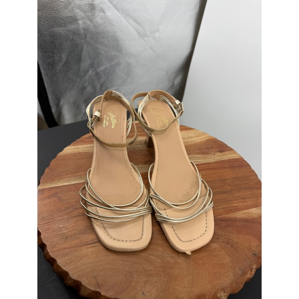 Seychelles starboard Strappy Sandals 8.5 Gold Tan Square Toe Kitten Heel Buckle - Picture 3 of 9